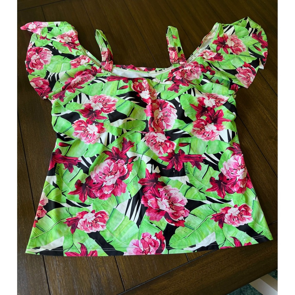 Meetcurve Womens 3XL Tropical Floral Palm Cold Shoulder Tankini Swim Top Green